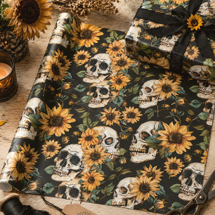 Gothic Skulls & Sunflowers Summer Goth Wrapping Paper