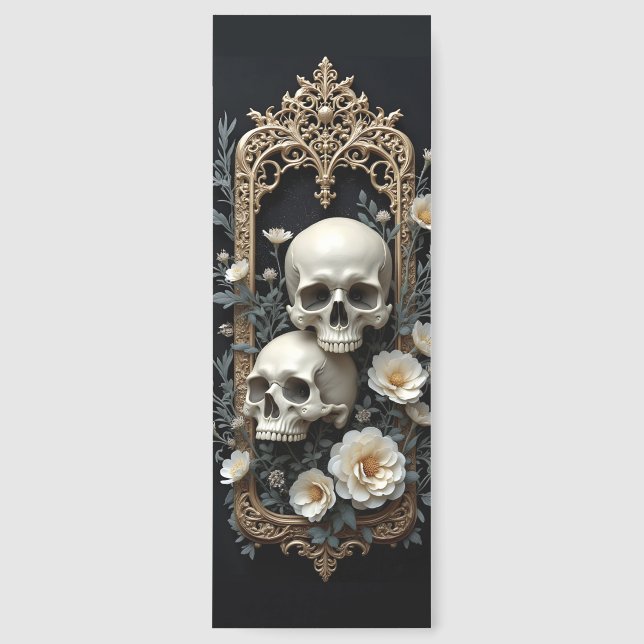 Gothic Skulls White Flowers Gold Frame Bookmarks (Front)