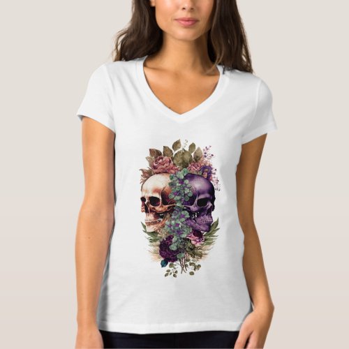 Gothic Skulls With Flowers  T_Shirt