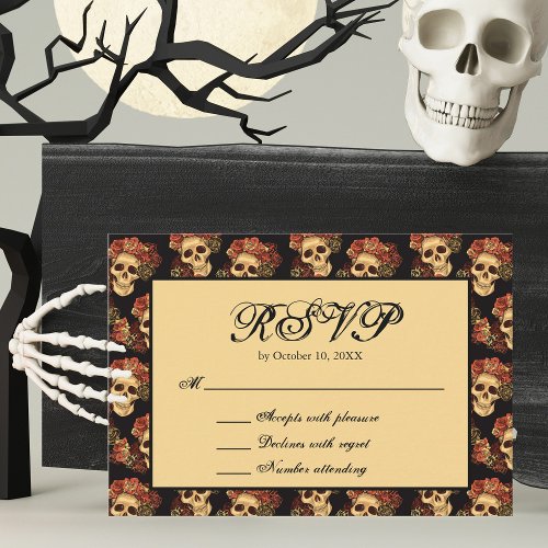 Gothic Skulls with Rose Crown Halloween Wedding RSVP Card