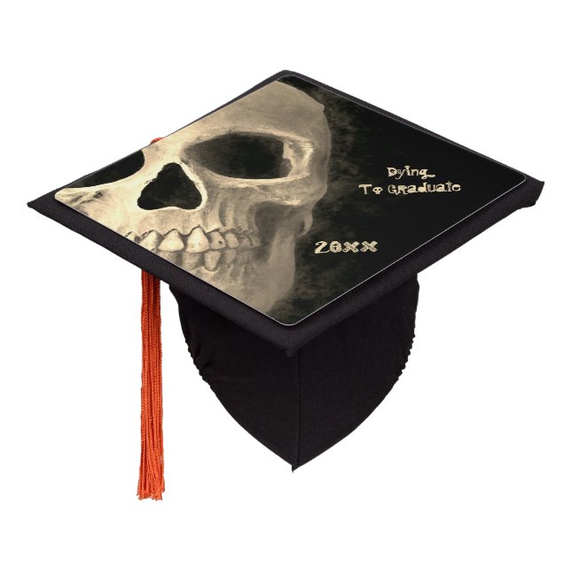 Gothic Smokey Skull Cool Old Black Beige Macabre Graduation Cap Topper (Angled)