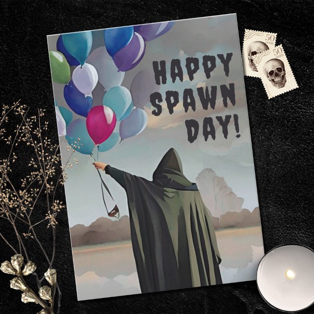 Gothic Spawnday Balloons & Dark Clouds Birthday Card (Creator Uploaded)