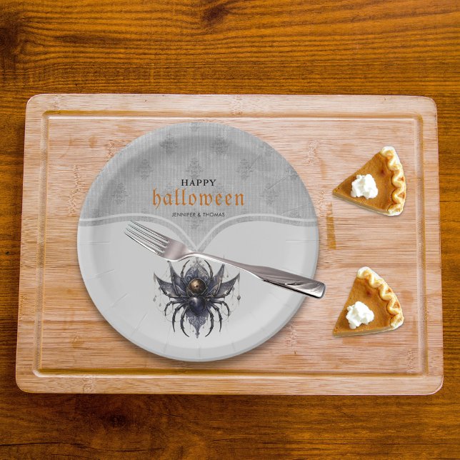 Gothic spider and damask pattern Halloween party Paper Plates (Creator Uploaded)