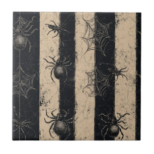 Gothic Spider and Web Striped Halloween Pattern Ceramic Tile
