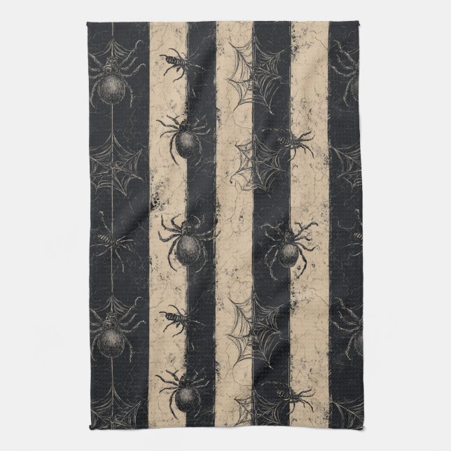 Gothic Spider and Web Striped Halloween Pattern Kitchen Towel (Vertical)