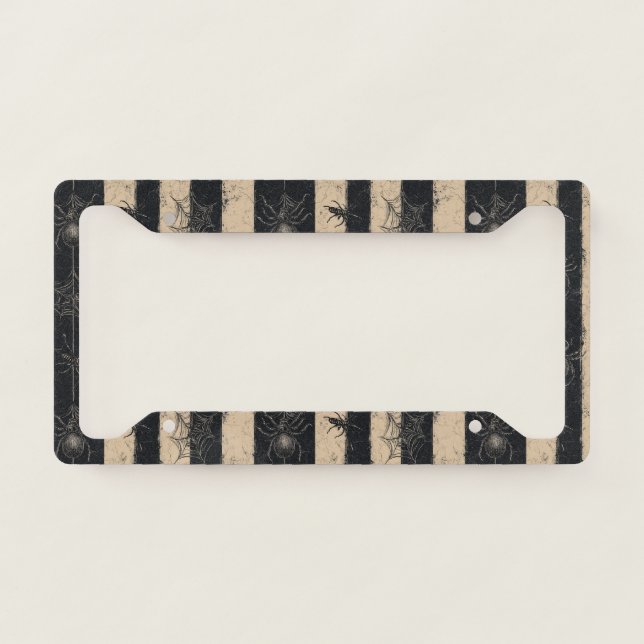 Gothic Spider and Web Striped Halloween Pattern License Plate Frame (Front)