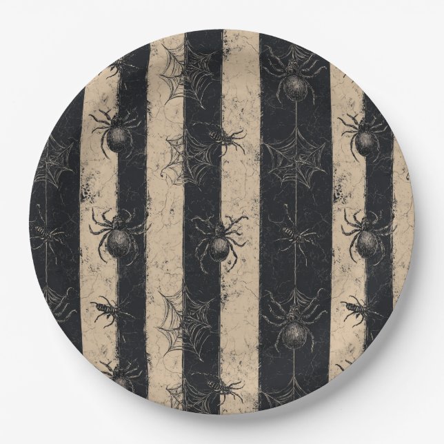 Gothic Spider and Web Striped Halloween Pattern Paper Plates (Front)