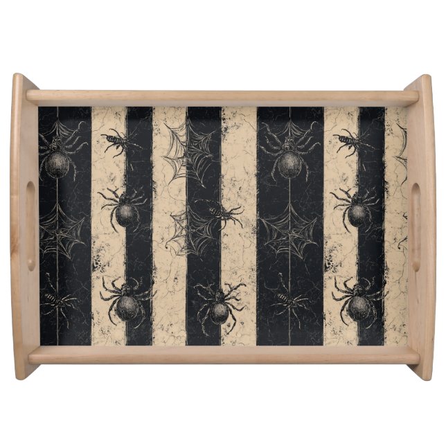 Gothic Spider and Web Striped Halloween Pattern Serving Tray (Front)