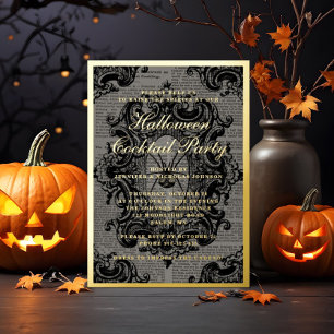 Gothic Spider Halloween Cocktail Party Gold Foil Invitation