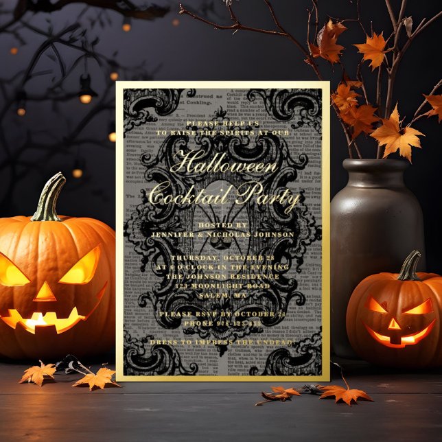 Gothic Spider Halloween Cocktail Party Gold Foil Invitation (Gothic Spider Halloween Cocktail Party Gold Foil Invitation)