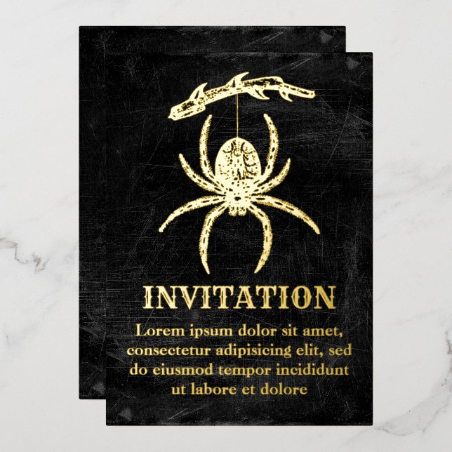Gothic Spider Hanging From Branch Foil Invitation (Front/Back)