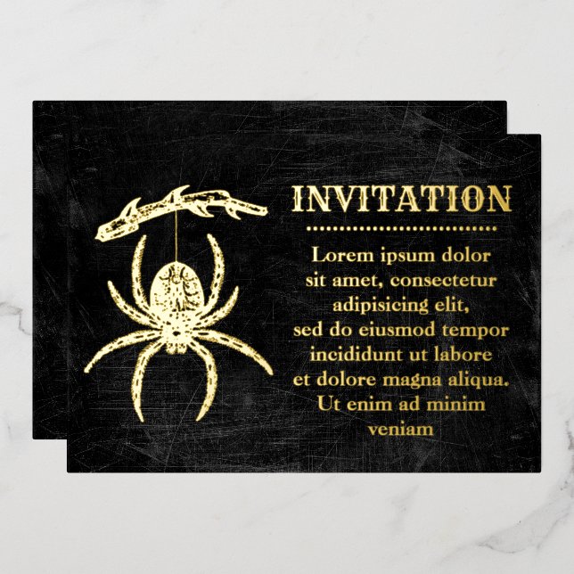 Gothic Spider Hanging From Branch Foil Invitation (Front/Back)