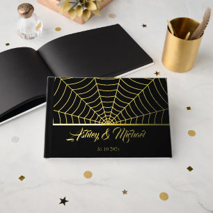 Gothic spider web Custom Wedding black gold foil Guest Book