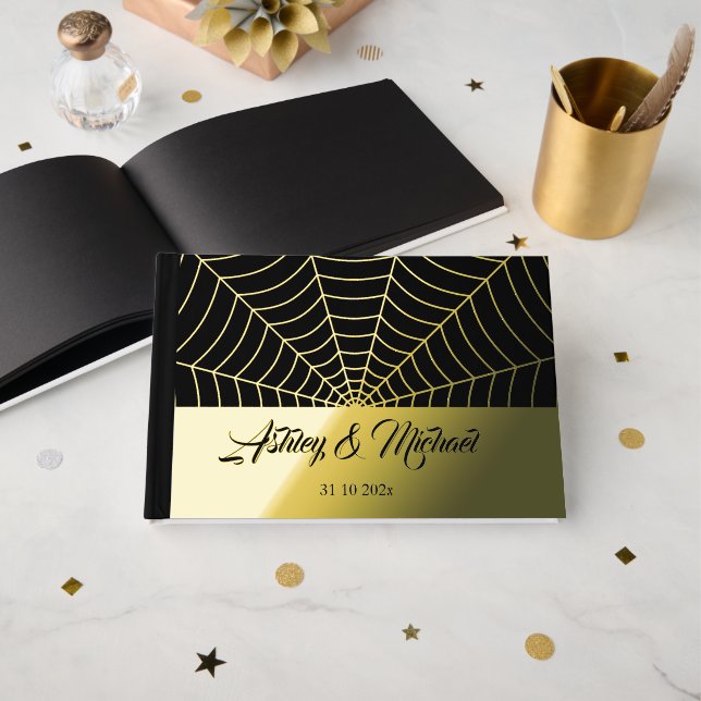 Gothic spider web Custom Wedding black gold foil Guest Book (Front Open)