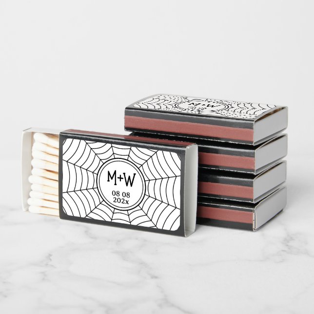 Gothic spider web Monogram Wedding black and white Matchboxes (Stacked)