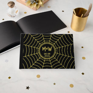 Gothic spider web Monogram Wedding black gold foil Foil Guest Book