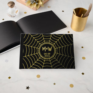 Gothic spider web Monogram Wedding black gold foil Guest Book
