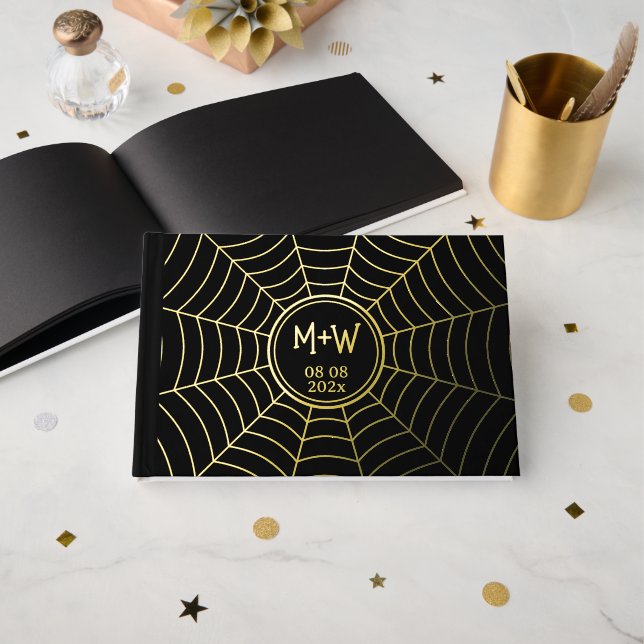 Gothic spider web Monogram Wedding black gold foil Guest Book (Front Open)