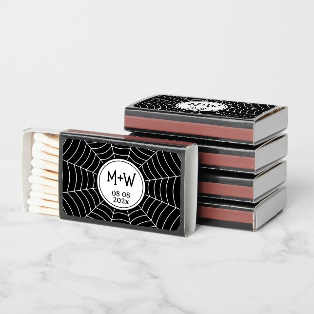 Gothic spider web Wedding black and white Monogram Matchboxes (Stacked)