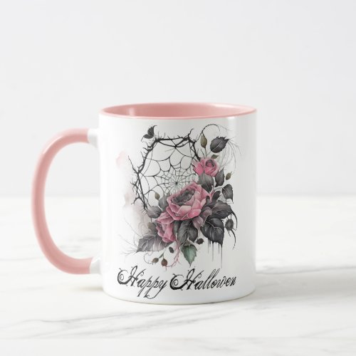 Gothic Spider Web with Roses  Pink Halloween Mug