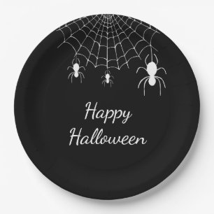 Gothic Spiders Simple Black White Happy Halloween Paper Plates