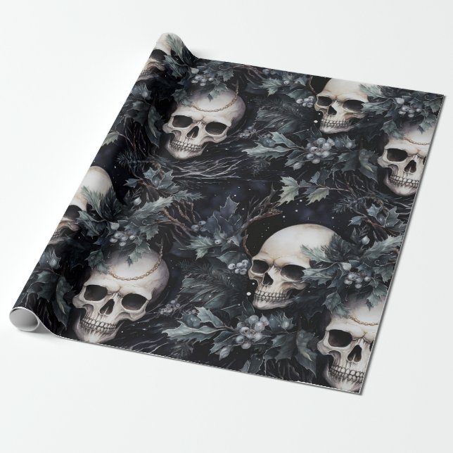 Gothic Spooky Christmas Skulls Wrapping Paper (Unrolled)