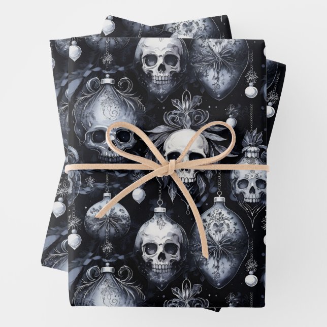 Gothic Spooky Christmas Skulls Wrapping Paper Sheets (In situ)