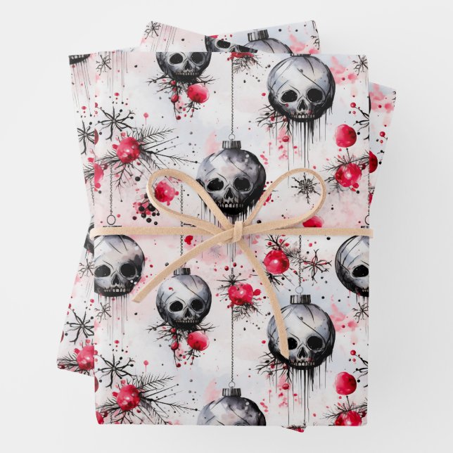 Gothic Spooky Christmas Skulls Wrapping Paper Sheets (In situ)