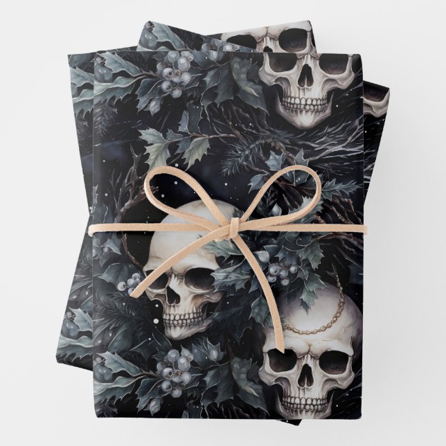 Gothic Spooky Christmas Skulls Wrapping Paper Sheets (In situ)