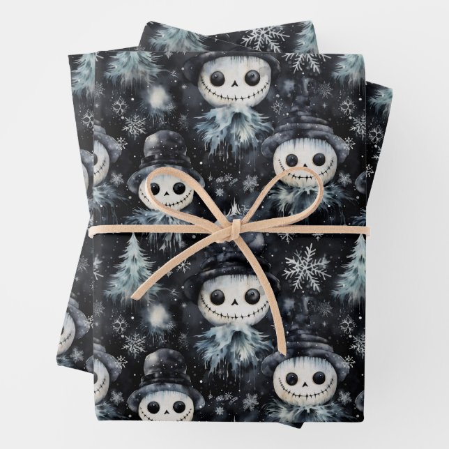 Gothic Spooky Christmas Snowman Wrapping Paper Sheets (In situ)
