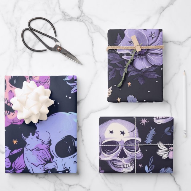 Gothic Spooky Flowers Skull Wrapping Paper Sheets (Front)