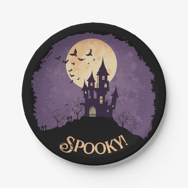 Gothic Spooky Haunted House Halloween Paper Plates (Front)