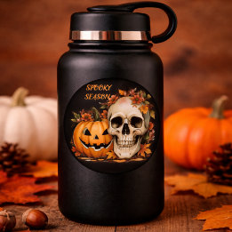 Gothic Spooky Skull and Pumpkin Classic Round Sticker