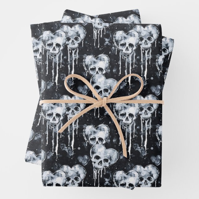 Gothic Spooky Skulls with Hearts Wrapping Paper Sheets (In situ)