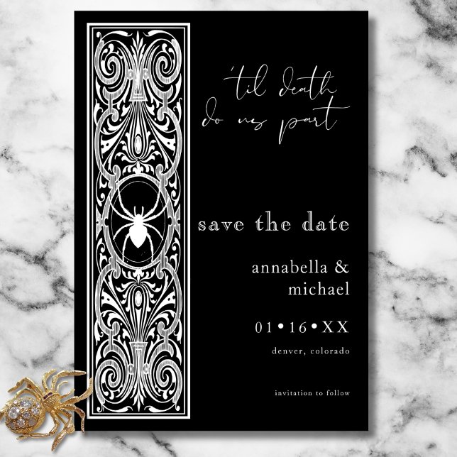 Gothic Spooky Spider Black White Wedding Save The Date (Gothic Spooky Spider Black White Wedding Save The Date)