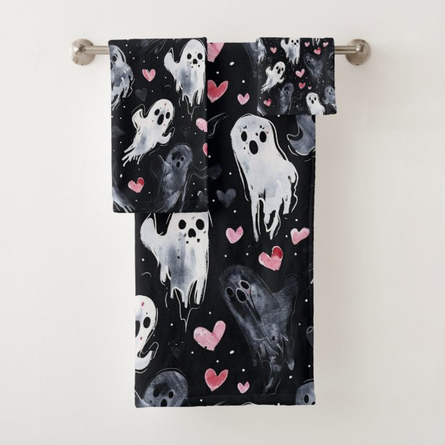 Gothic Spooky Valentine Ghosts with Hearts Bath Towel Set (Insitu)