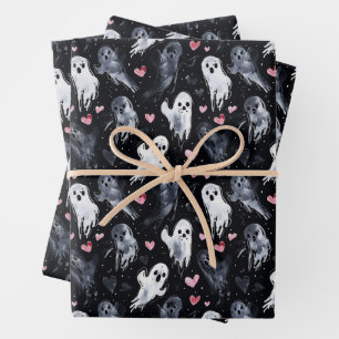 Gothic Spooky Valentine Ghosts with Hearts Wrapping Paper Sheets