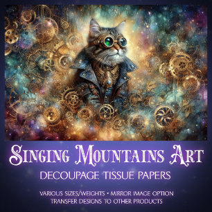 Gothic Steampunk Cat Celestial Voyage Decoupage  Tissue Paper