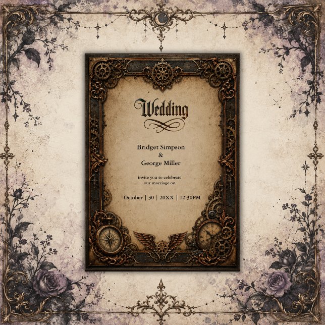 Gothic Steampunk Gear Clock Wedding  Invitation (Creator Uploaded)