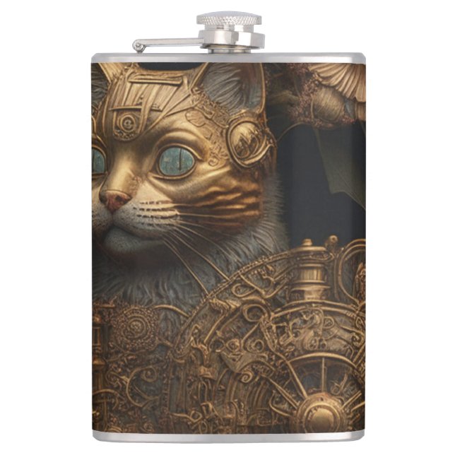 Gothic Steampunk Gold Cat Flask (Front)