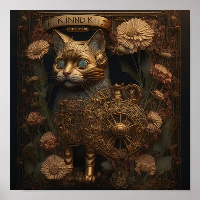 Gothic Steampunk Gold Cat Poster (Front)