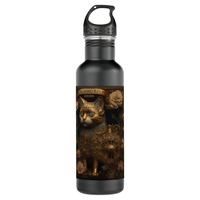 Gothic Steampunk Gold Cat Stainless Steel Water Bottle (Front)