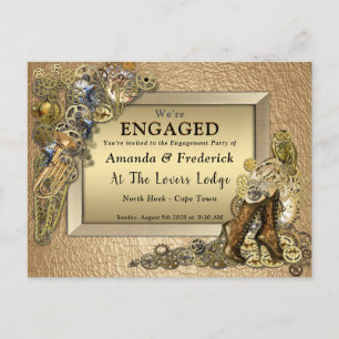 Gothic - Steampunk Gold Leather Engagement Invitation Postcard