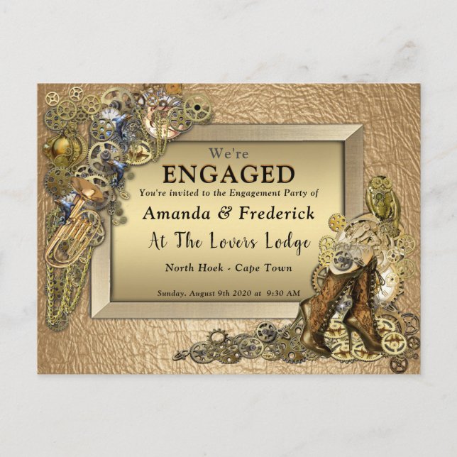 Gothic - Steampunk Gold Leather Engagement Invitation Postcard (Front)