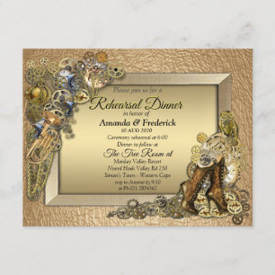 Gothic - Steampunk Gold Leather Rehearsal dinner Invitation