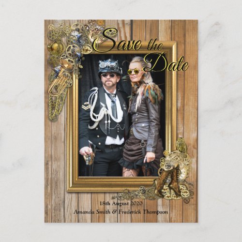 Gothic _ Steampunk On Wood Save the Date Announcement Postcard