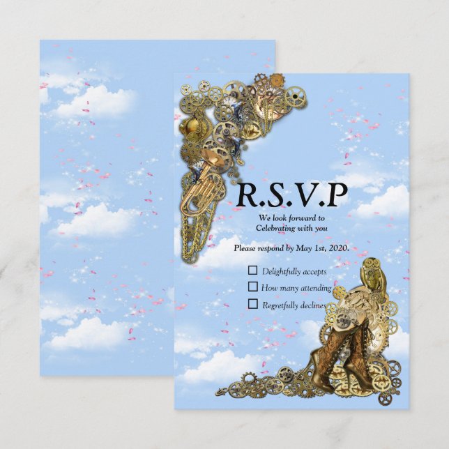 Gothic  - Steampunk RSVP on Gold Leather Card (Front/Back)