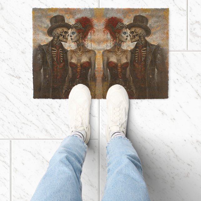 Gothic Steampunk Skeleton Couple  Fiber Doormat (Insitu)