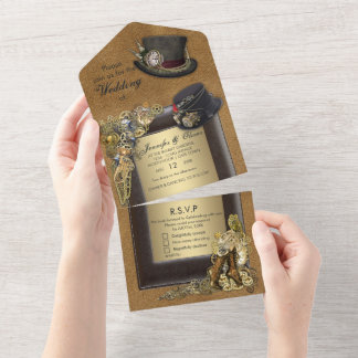 Gothic Steampunk & Suede All in One Wedding Invite