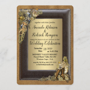 Gothic - Steampunk Wedding On Gold Invitation